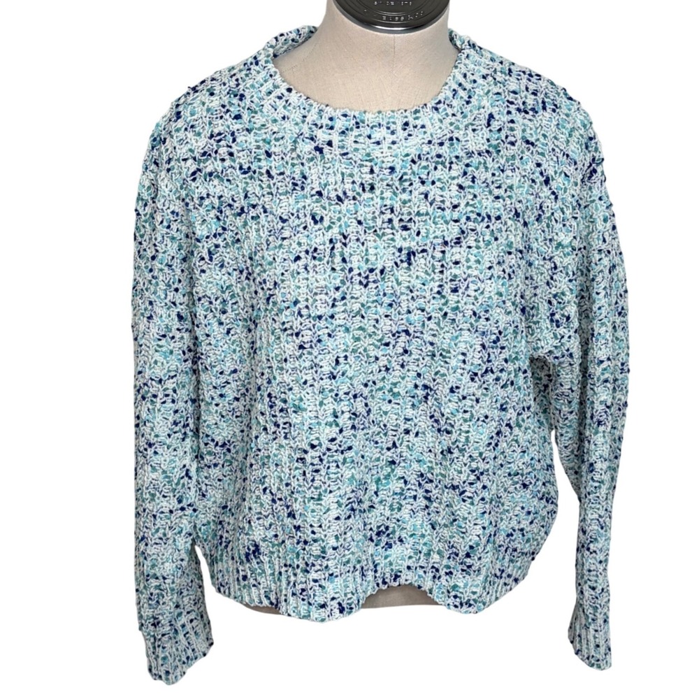 Pink Rose Textured Knit Sweater Blue White Multi Color Ombre Crew Neck XL